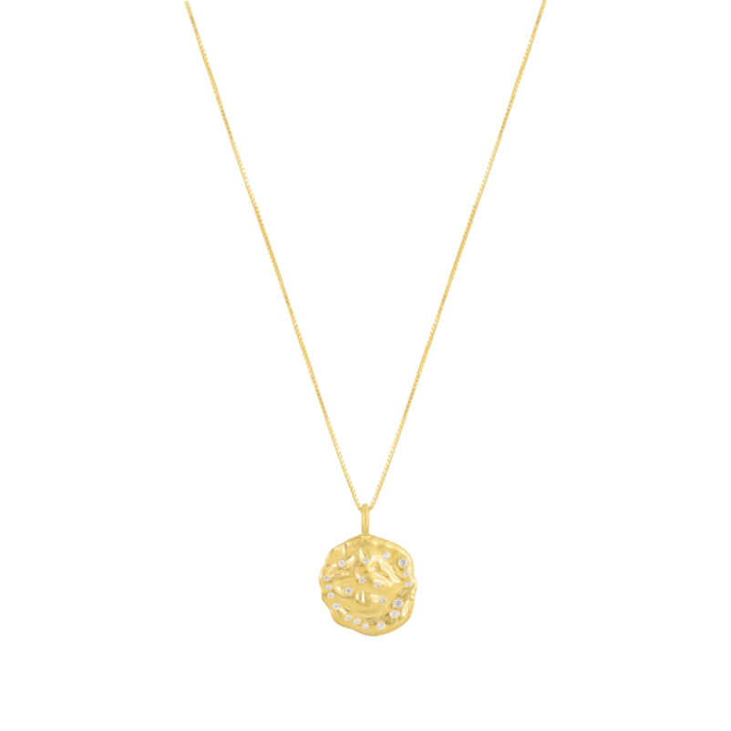 Sterling silver plated in 14 karat yellow gold organic pave medallion on a 16" box chain.